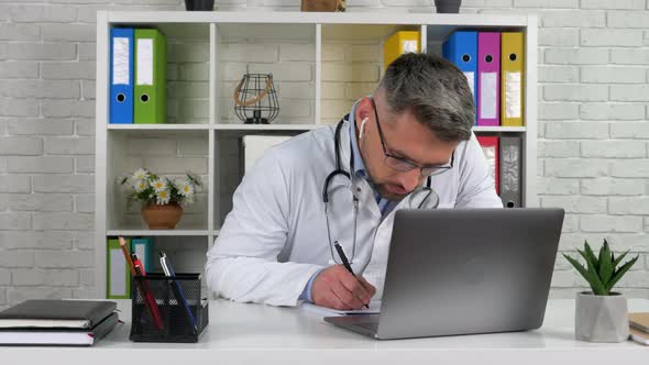 Medical worker examines patient online remote video call laptop computer webcam alt