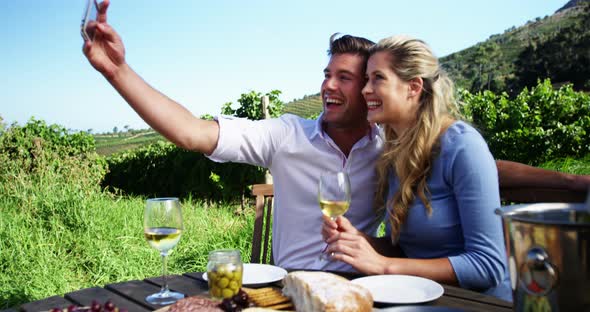 Happy couple taking selfie with mobile phone while having wine 4k alt