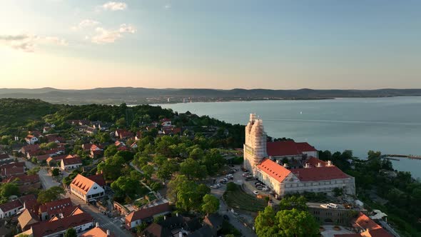 Aerial view of Tihany village overlooking Lake Balaton in Hungary - Sunset