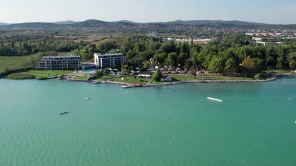 Aerial View of Lake Balaton in Hungary Coast of Balatonfured Sunny Day alt