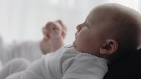Cute Little Newborn Boy Lying on Tender Mother's Hands alt