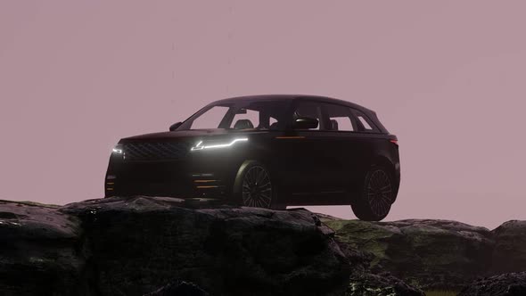 Black Luxury Off-Road Vehicle Progressing in the Foggy Mountain Area