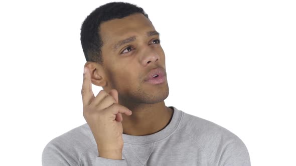 Portrait of Handsome Thinking AfroAmerican Man Gesturing Brainstorming alt