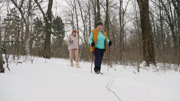 Active Elderly Woman with Her Daughter Practice Nordic Walking alt