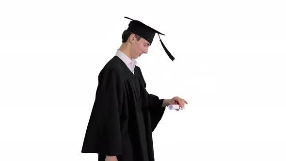 Graduate Student Walking and Smiling on White Background
