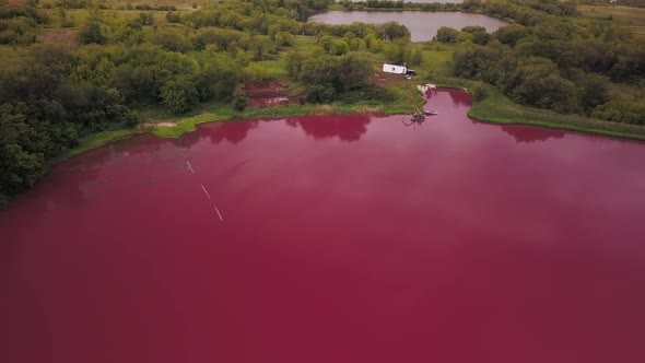 Unusual Landscape with Pink Lake, Aerial View, Ecological Catastrophe
