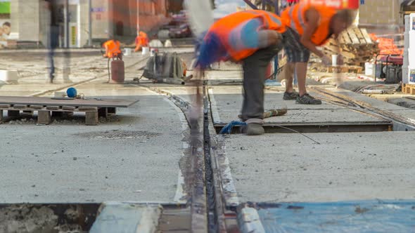 Tram Rails at the Stage of Their Installation and Integration Into Concrete Plates on the Road alt