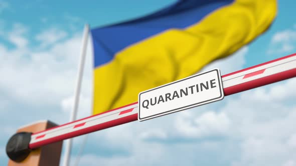 Barrier Gate with QUARANTINE Sign Opening at Flag of Ukraine alt