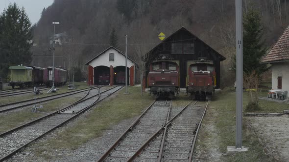 Retro Trains at a Train Depot in the Alps alt