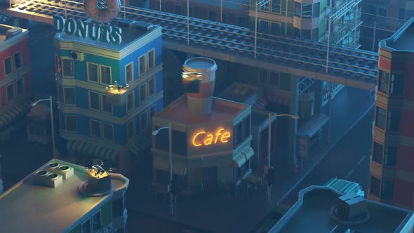 Drones flying and delivering packages and boxes all over the night city. 4K HD alt