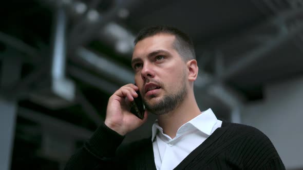 Business Man Talking on Phone with Colleagues Close Up Stay in Work District 