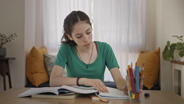 Teenage girl sitting at home preparing homework for school alt