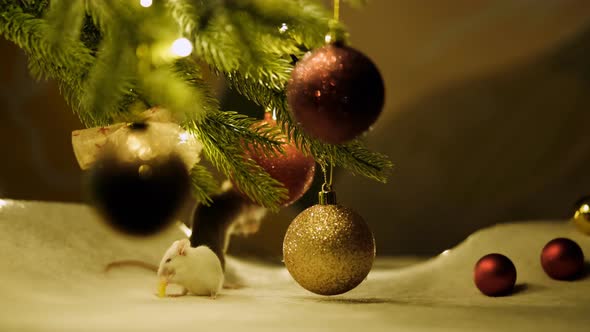 White Rat Eating Cheese Sitting Under the Christmas Tree