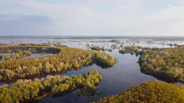 Evening drone footage of flooded river Desna in Chernihiv region, Ukraine