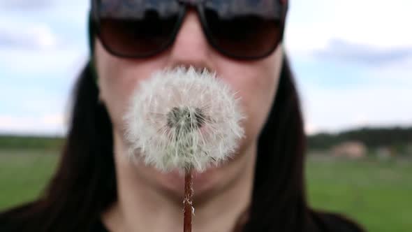 Portrait of a Beautiful Young Woman on a Summer Lawn Blowing on a Ripe Dandelion on a Sunny Day alt