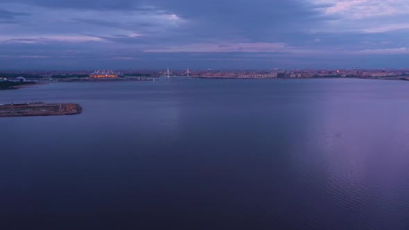 Saint-Petersburg City Skyline in Evening Twilight. Aerial View. Russia