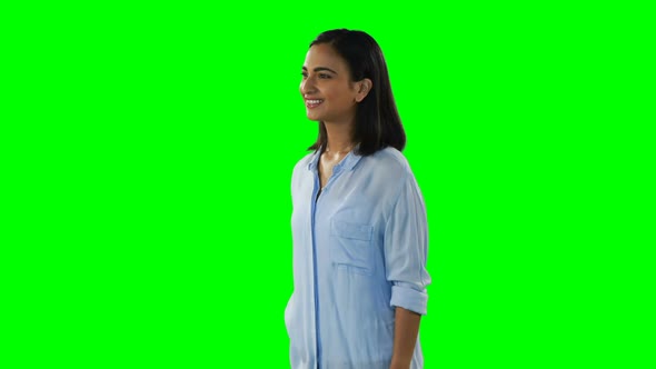 Smiling woman touching digital screen 4k alt