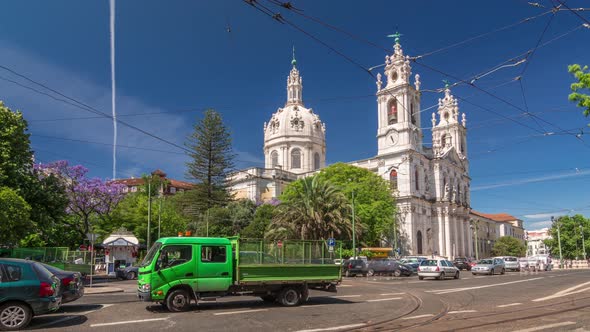 View on the Basilica Da Estrela From the Streets of Lisbon Timelapse Hyperlapse Portugal alt