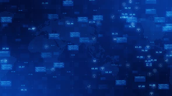 Blue technology futuristic icon levitation on map abstract background seamless loop video