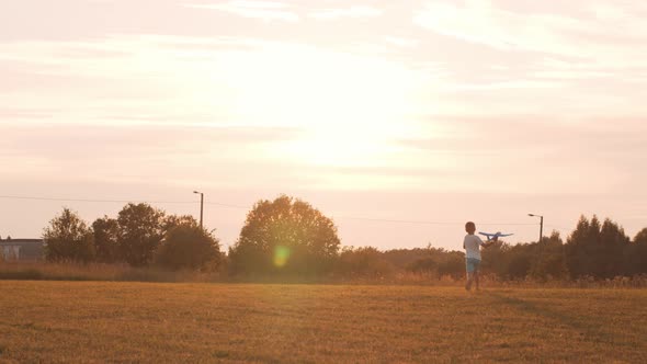 Little boy plays with a toy plane in a field at sunset. Childhood, freedom, inspiration concept. alt