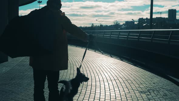 A Tramp is Leading His Dog Along the City Street alt