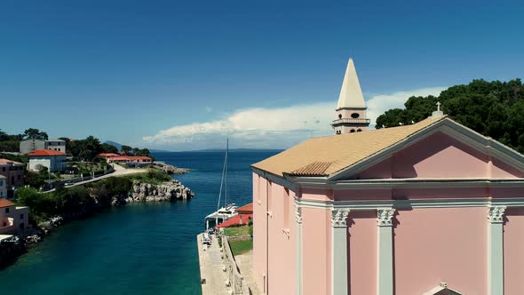 Aerial view of SV. Antuna catholic church at Veli Losinj bay, Croatia. alt