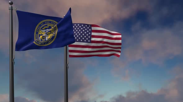 Nebraska State Flag Waving Along With The National Flag Of The USA - 2K alt