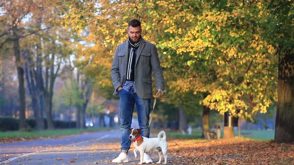 young man walks with his dog through an autumn alley
