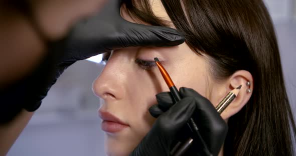 Professional Cosmetologist Draws Line on Lady Eyelid alt