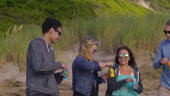 Group of friends at beach blowing bubbles alt