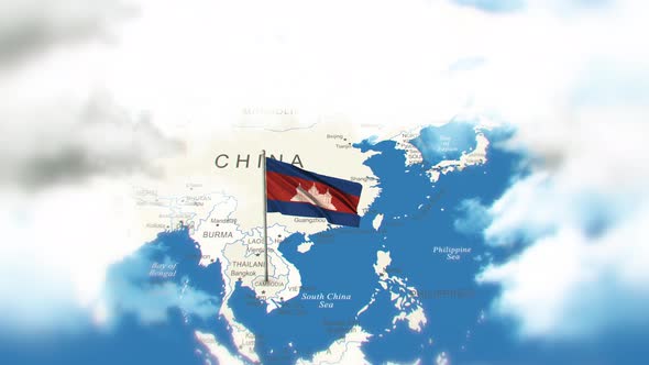 Cambodia Map And Flag With Clouds