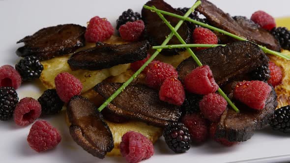Rotating - smoked duck bacon with grilled pineapple, raspberries, blackberries and honey  alt