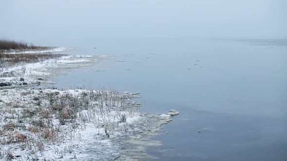 water landscape, view of the lake at the beginning of winter