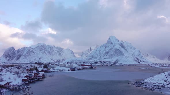 Norwegian Village on the Shore of a Winter Fjord