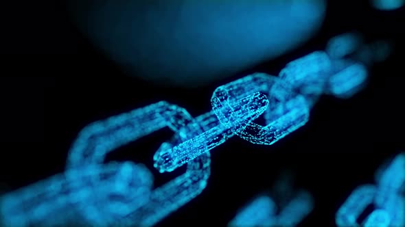 4K Blockchain crypto currency connected multi-function blue chain particle closeup	 alt