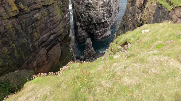A slow tiling shot reveals seabirds flying over a turquoise green ocean in front of a dramatic sea s alt
