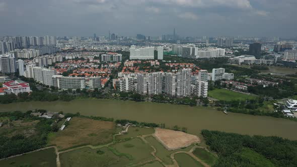 Ultra modern city development with residential and commercial high rise buildings, villas, green spa alt