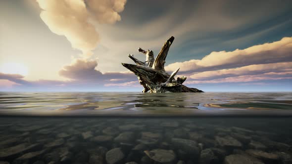 Ocean Seascape with Sky and Ocean Wave Splitted By Waterline to Underwater Part alt