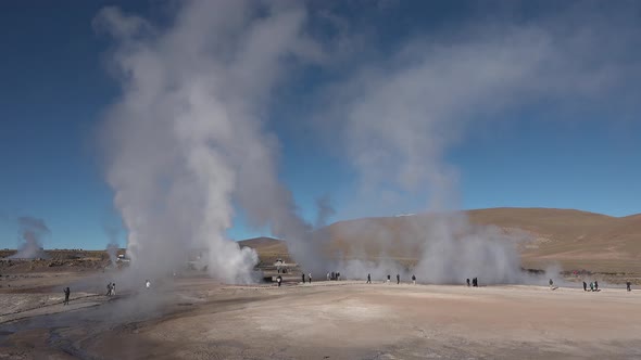 Chile. Atacama Desert. Valley of geysers. El Tatio geysers steaming alt