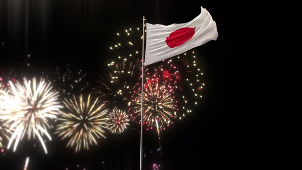 Japan Flag With World Globe Flags And Fireworks