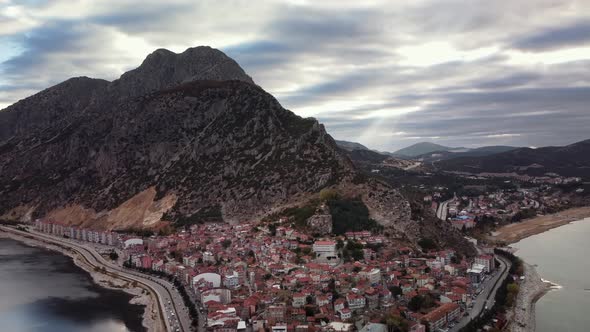 Landscape of the High Mountain and Town Located on the Foot of It Near Egirdir Lake alt