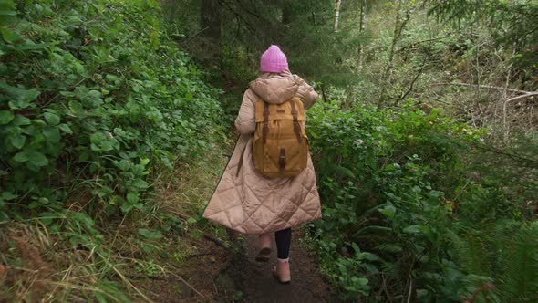 Traveler Woman Walking By Nature Trail Eco and Biotourism Concept Slow Motion alt