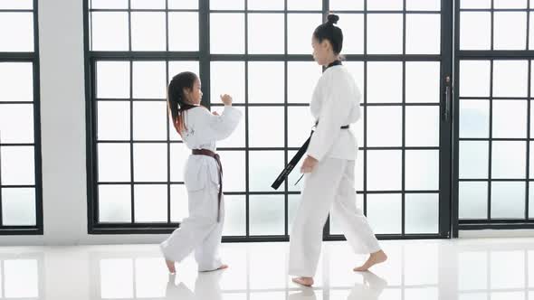 Young teacher of taekwondo and her student is acting of basic posture with white background