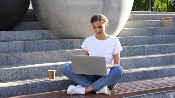 Businesswoman Sitting Stairs Summer Park Using Laptop Business Person Working Remote alt