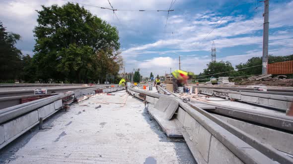 Tram Rails at the Stage of Their Installation and Integration Into Concrete Plates on the Road alt