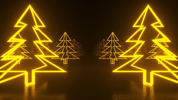 Christmas trees, orange neon glow icon on darkness black background alt