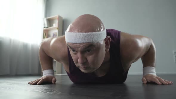 Adult Overweight Male Sweating and Doing Push-Ups to Lose Weight, Workout alt