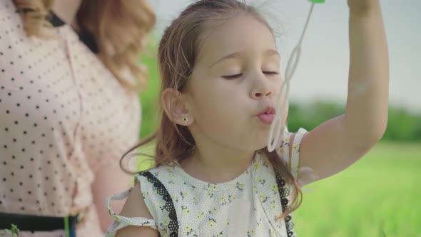 Close-up of Positive Little Girl Blowing Soap Bubbles As Unrecognizable Mother Clapping Hands at the alt