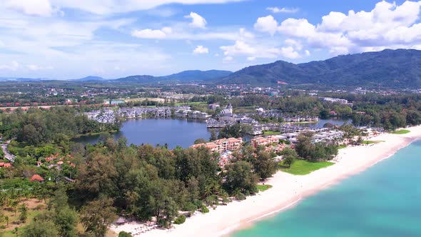 Aerial view city seaside blue sea sky famous beach
