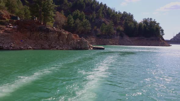 Beautiful landscape with lake with azure water in mountains.